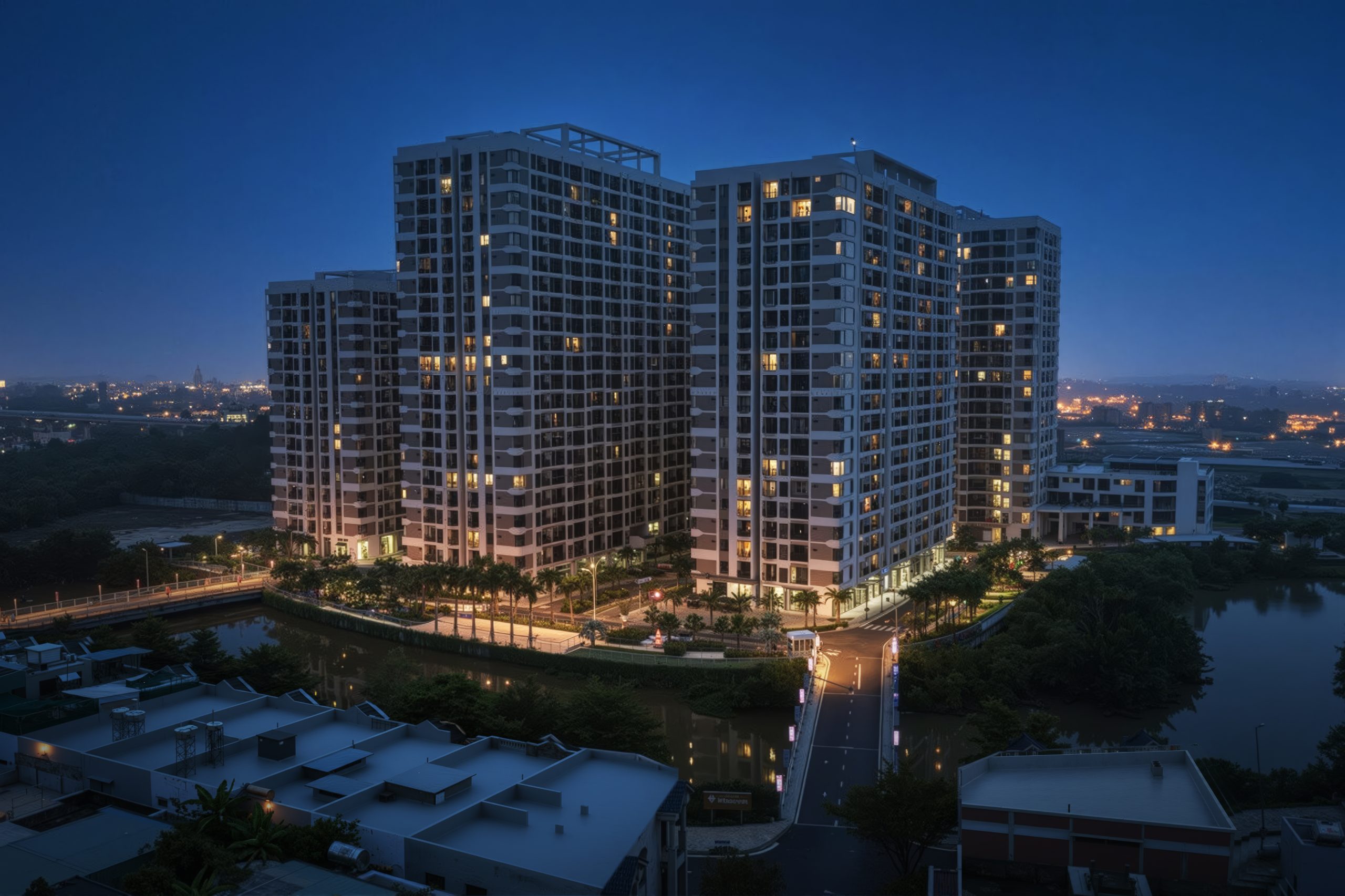 Ảnh toàn cảnh dự án MT Eastmatrk City từ trên cao, tổng quan các khối tháp và mảng xanh nội khu